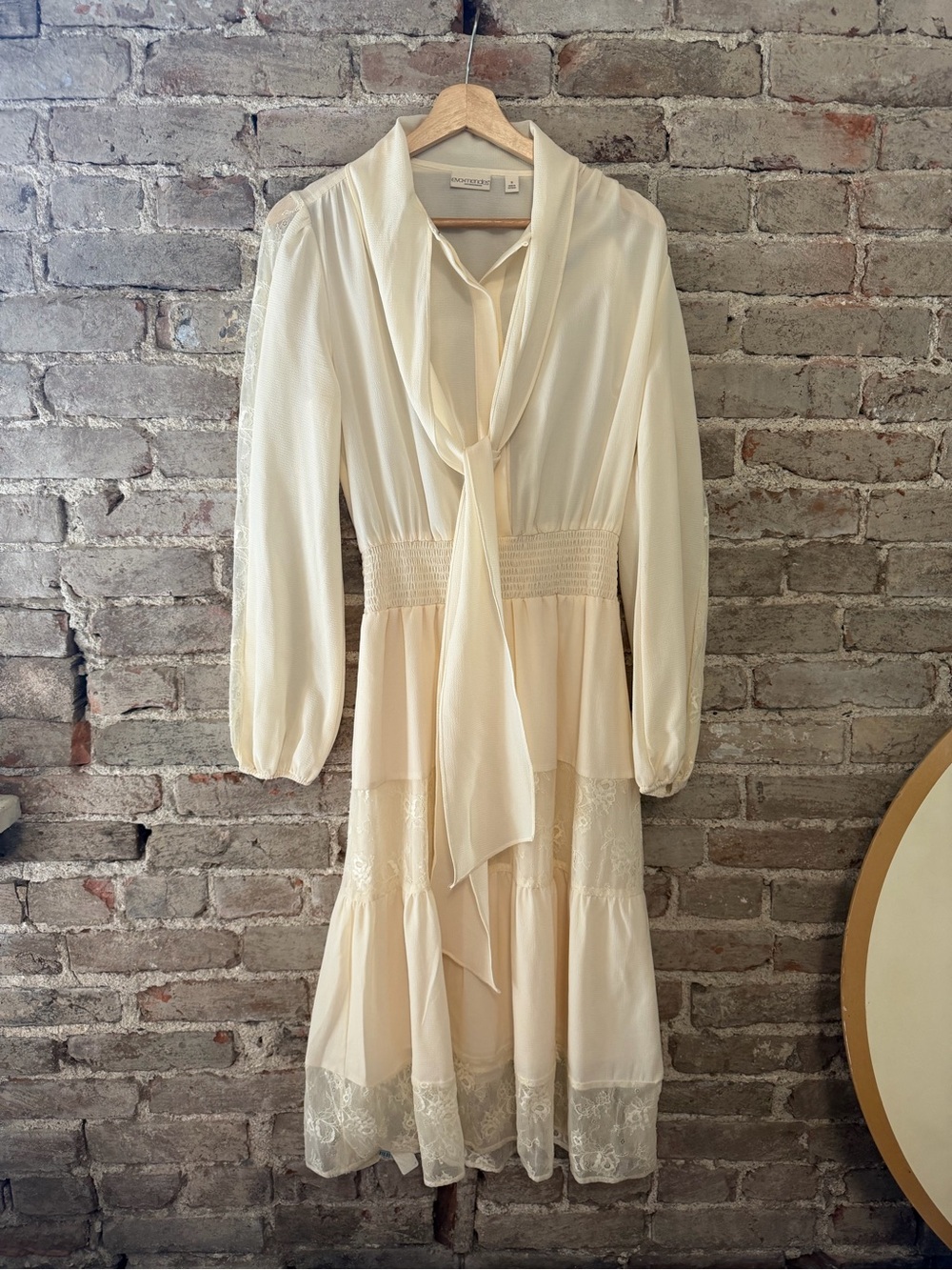 eva mendes for New York & Company Cream Long-Sleeve chiffon Tie-Neck Midi Dress